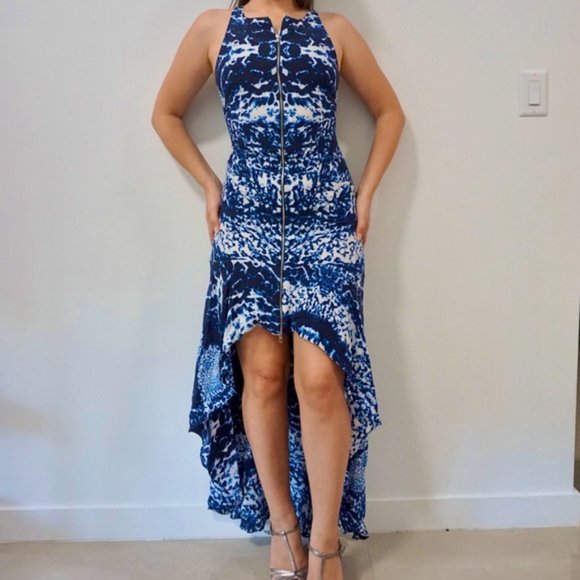 Intermix womens dress sz S silk zipper front high low maxi cross back blue - Picture 3 of 9